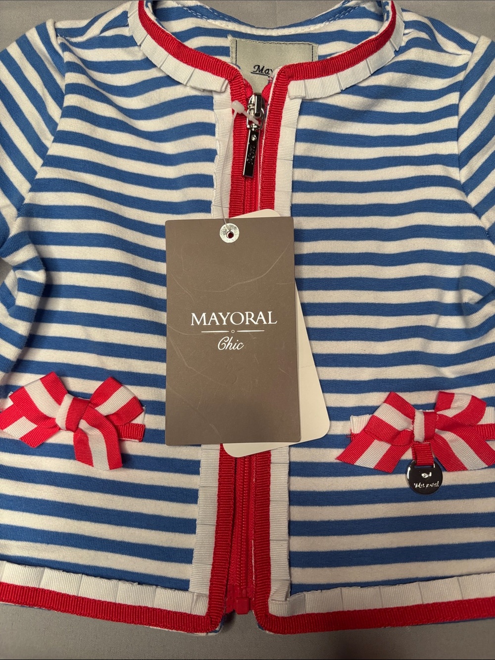 Mayoral Girl Toddler Blue Red White Striped Top Jacket Bows Size 62cm 3m NWT - Picture 4 of 15